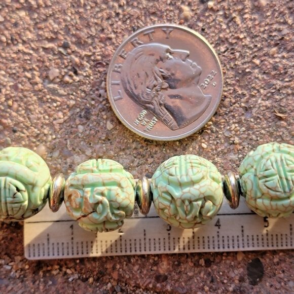 Absolutely stunning RARE Chinese natural green turquoise carved shou beads sterl - Picture 13 of 16
